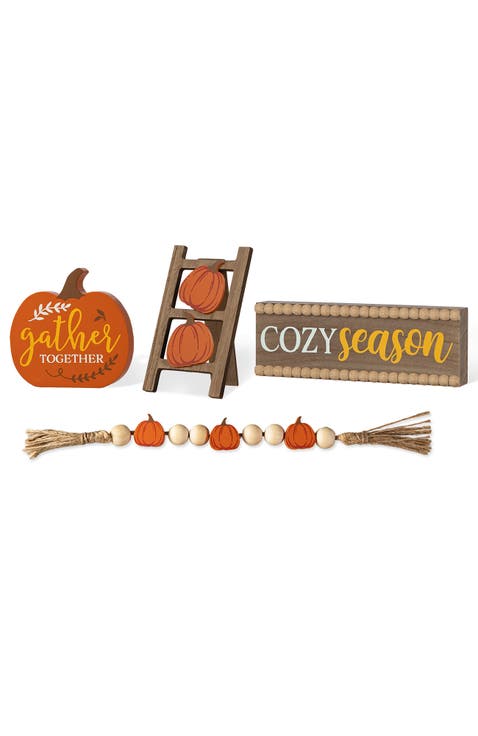 Set of 4 Fall Wooden Word Signs Tiered Tray Table Decor