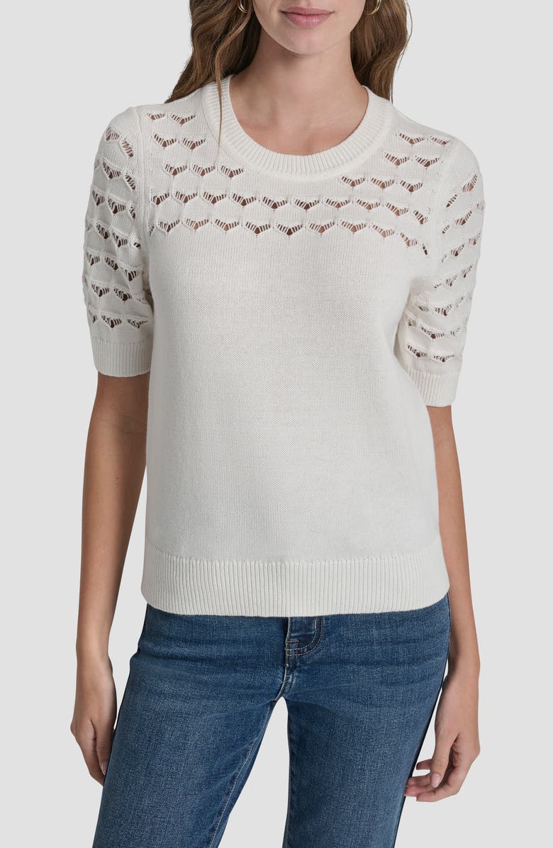 DKNY Pointelle Yoke Sweater, Main, color, Ivory