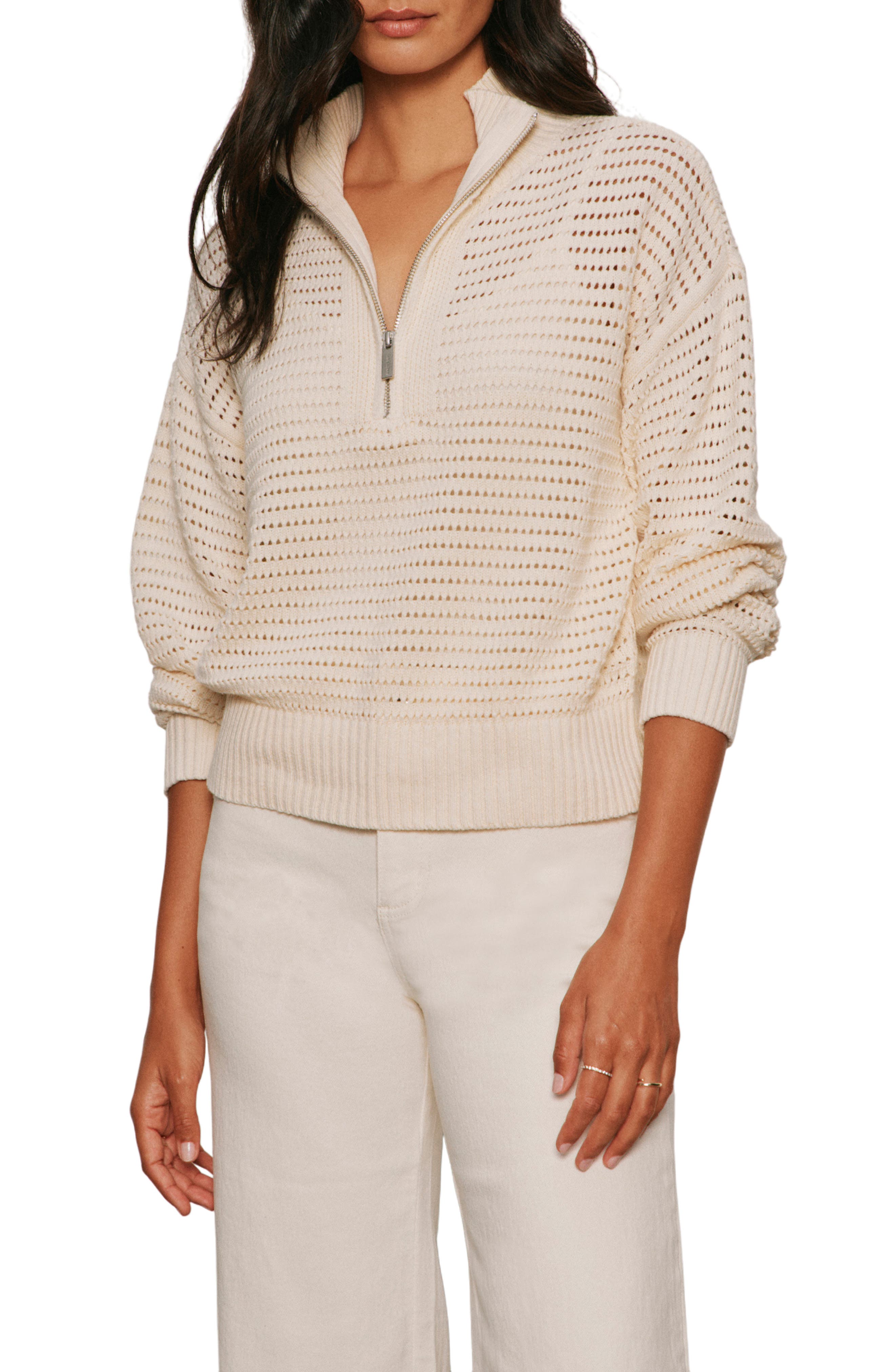 Open Stitch Half-Zip Cotton Blend Sweater