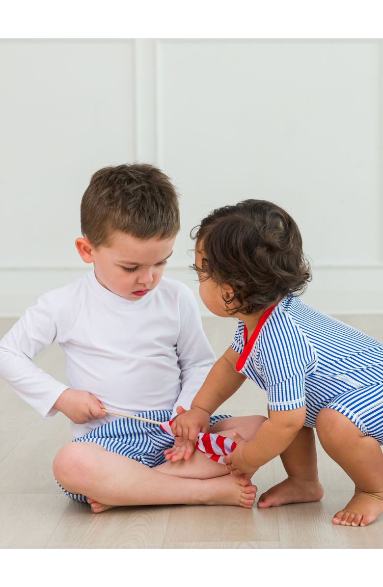 RuggedButts Baby Boys UPF50+ Seersucker Short Sleeve One Piece Rash Guard, Alternate, color, Blue Seersucker