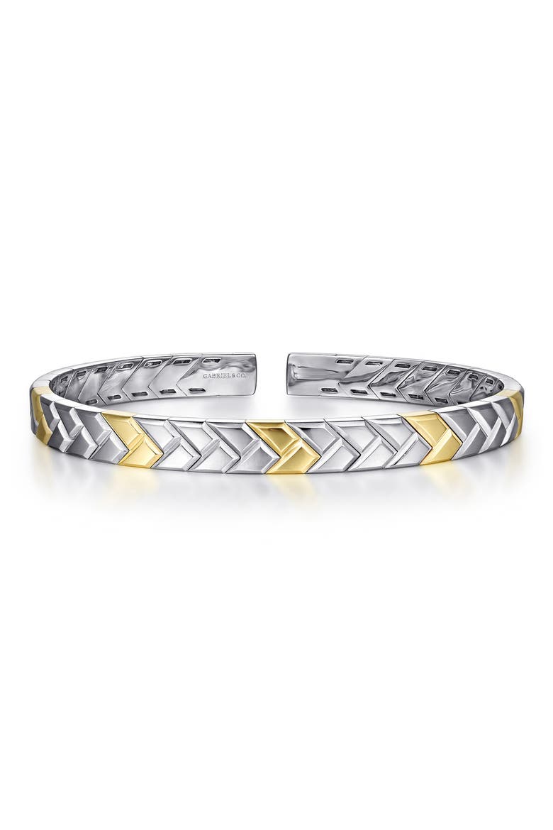 Men's Heritage Weave Herringbone 14k Gold & Sterling Silver Cuff Bracelet, Main, color, STERLING SILVER/ 14K YELL GOLD