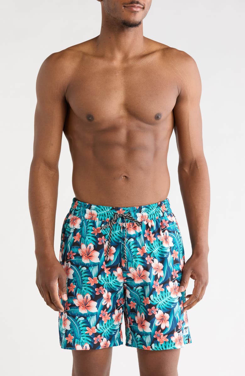 Hurley Cabana Floral Volley Swim Shorts, Main, color, Black