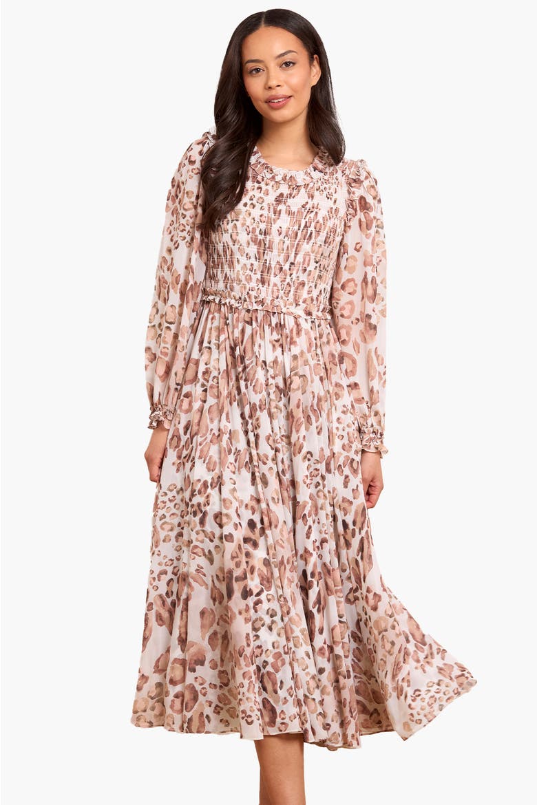 Leopard Chiffon Smocked Ballerina Dress, Main, color, Moonshine