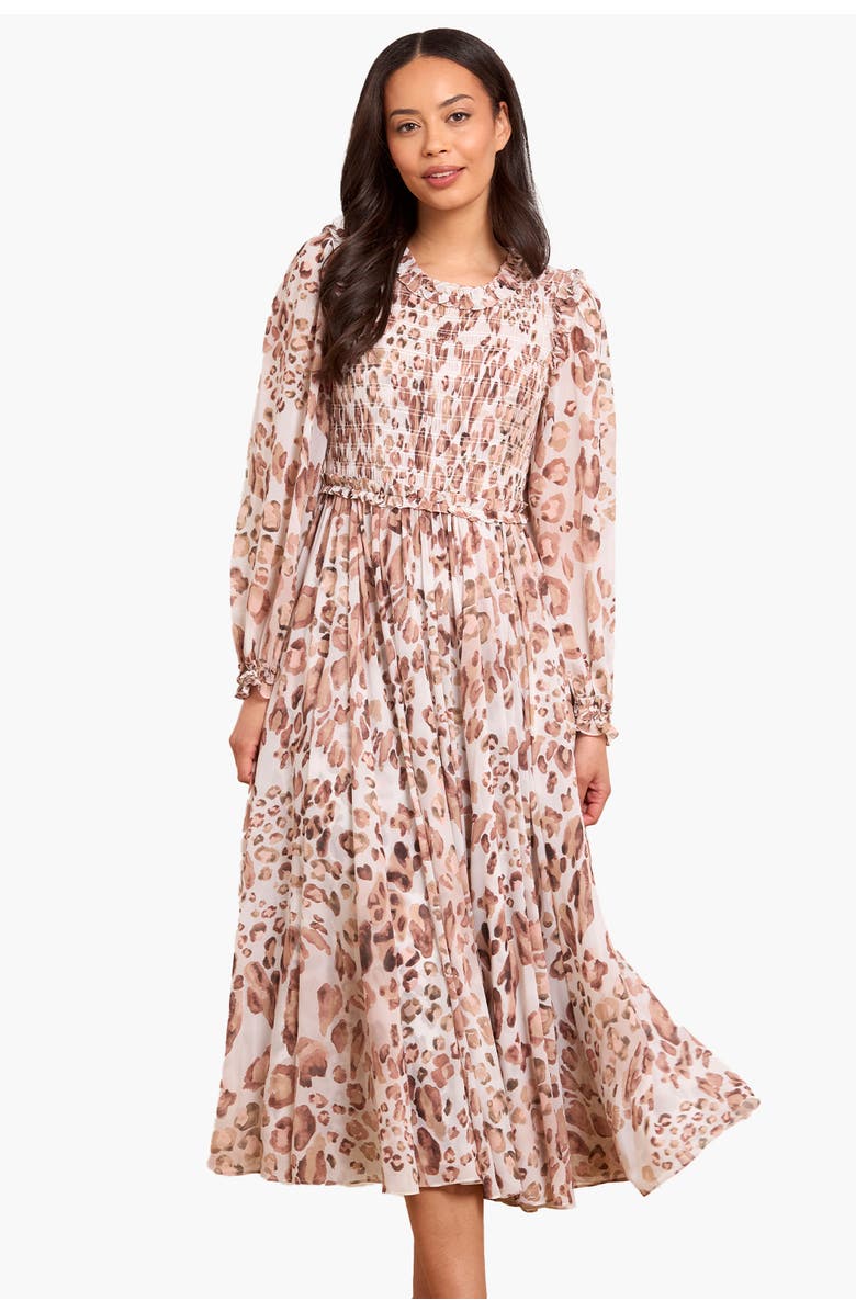 Needle & Thread Leopard Chiffon Smocked Ballerina Dress, Main, color, Moonshine