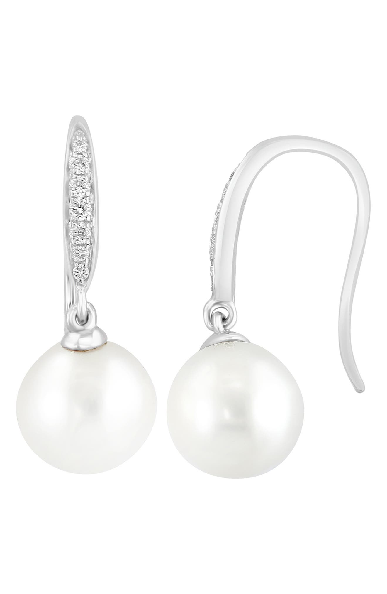 EFFY 14K White Gold Diamond & 7-8mm Freshwater Pearl Drop Earrings - 0.10 ctw