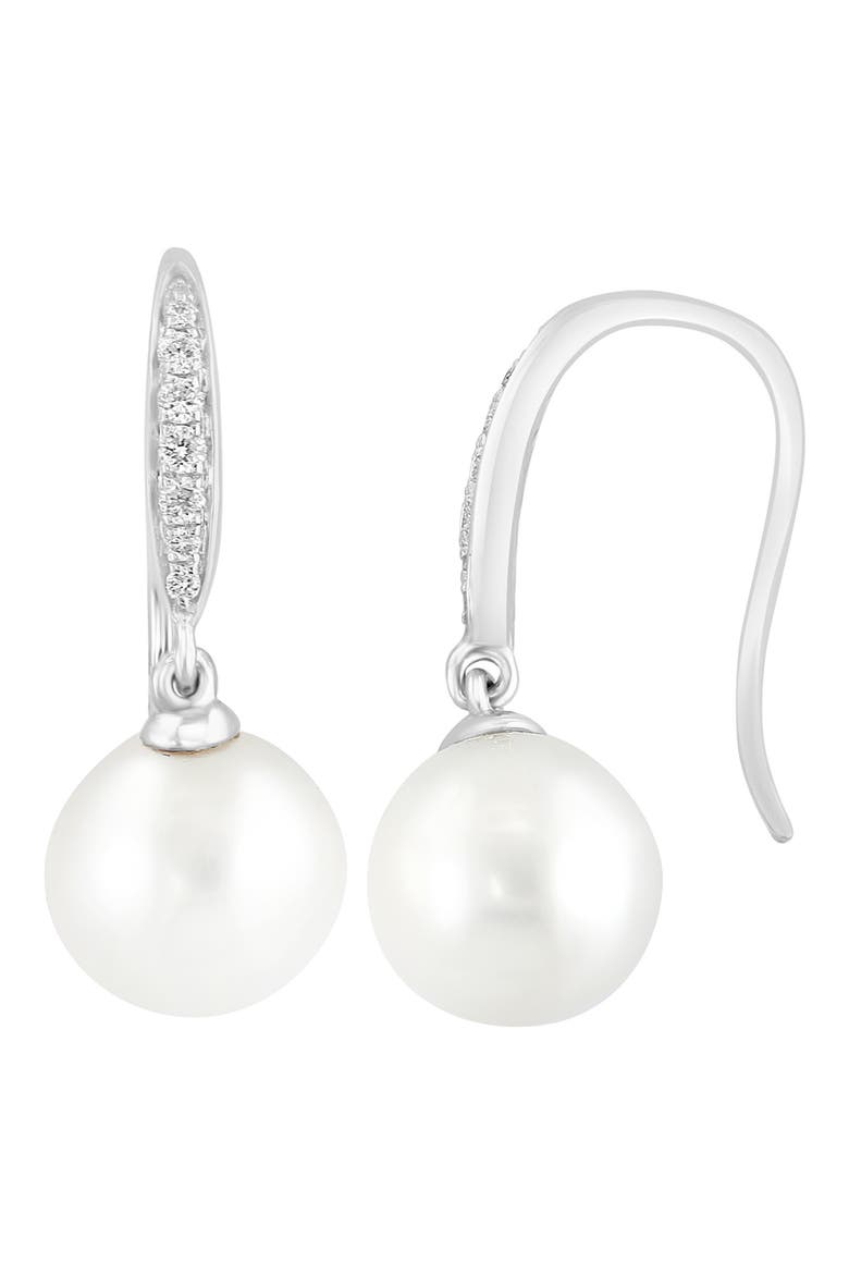 14K White Gold Diamond & 7-8mm Freshwater Pearl Drop Earrings - 0.10 ctw, Main, color, WHITE