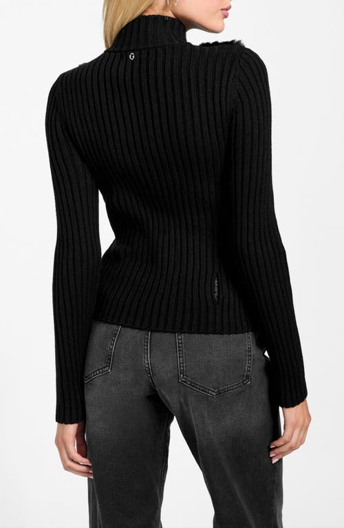 Guess Mila Mixed Media Faux Fur Cardigan In Black