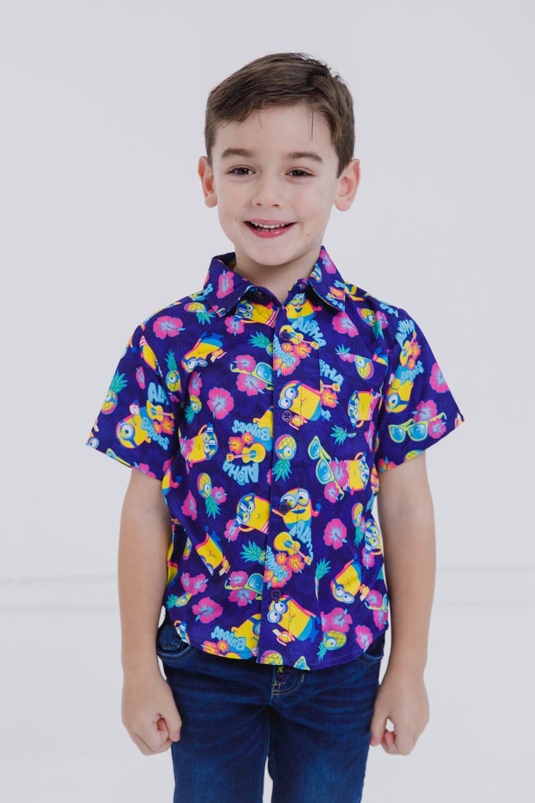 Minions Hawaiian Short Sleeve Button Down Shirt, Alternate, color, Navy Tropical Leaf