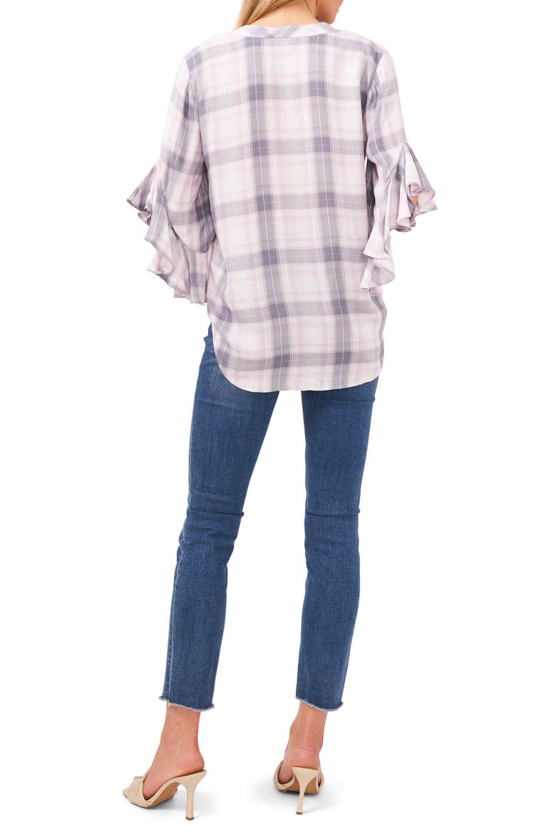 Pintuck Detail Plaid Flutter Sleeve Rumple Blouse, Alternate, color, PURPLE