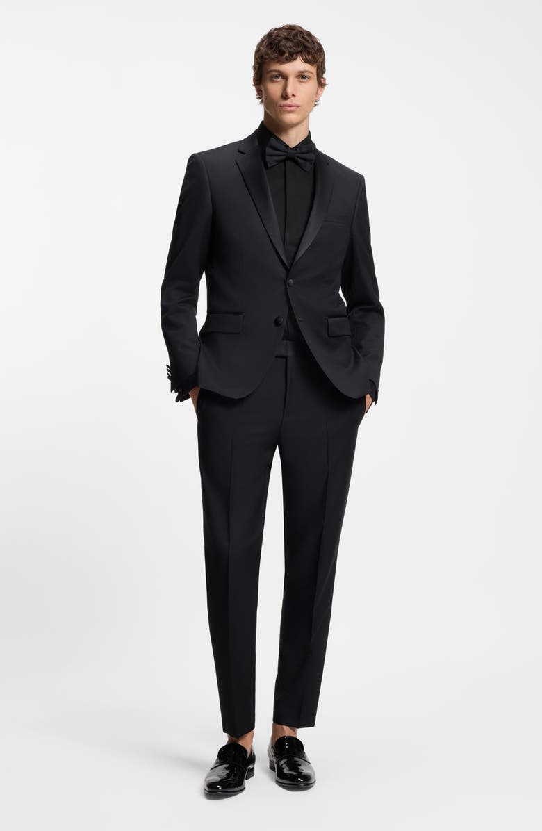 BOSS Hank Slim Fit Wrinkle Resistant Black Cotton Tuxedo Shirt, Alternate, color, Black