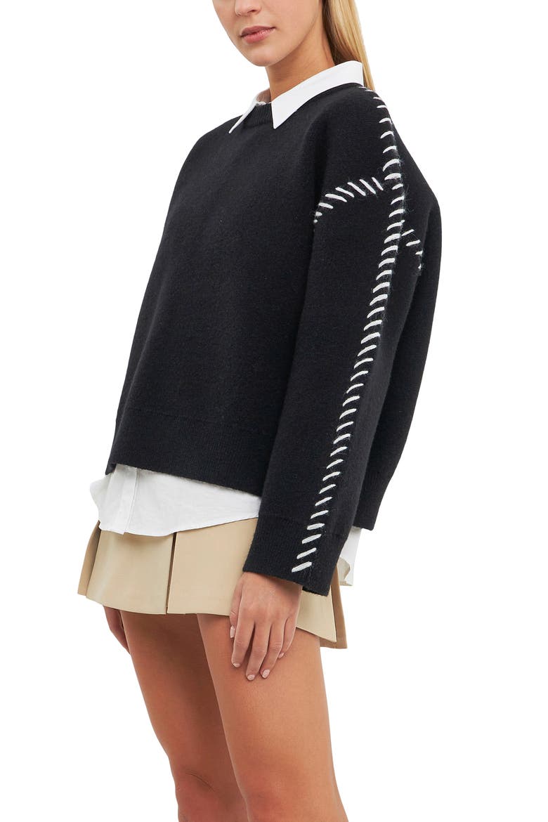 Whipstitch Accent Crewneck Sweater, Alternate, color, BLACK/ WHITE