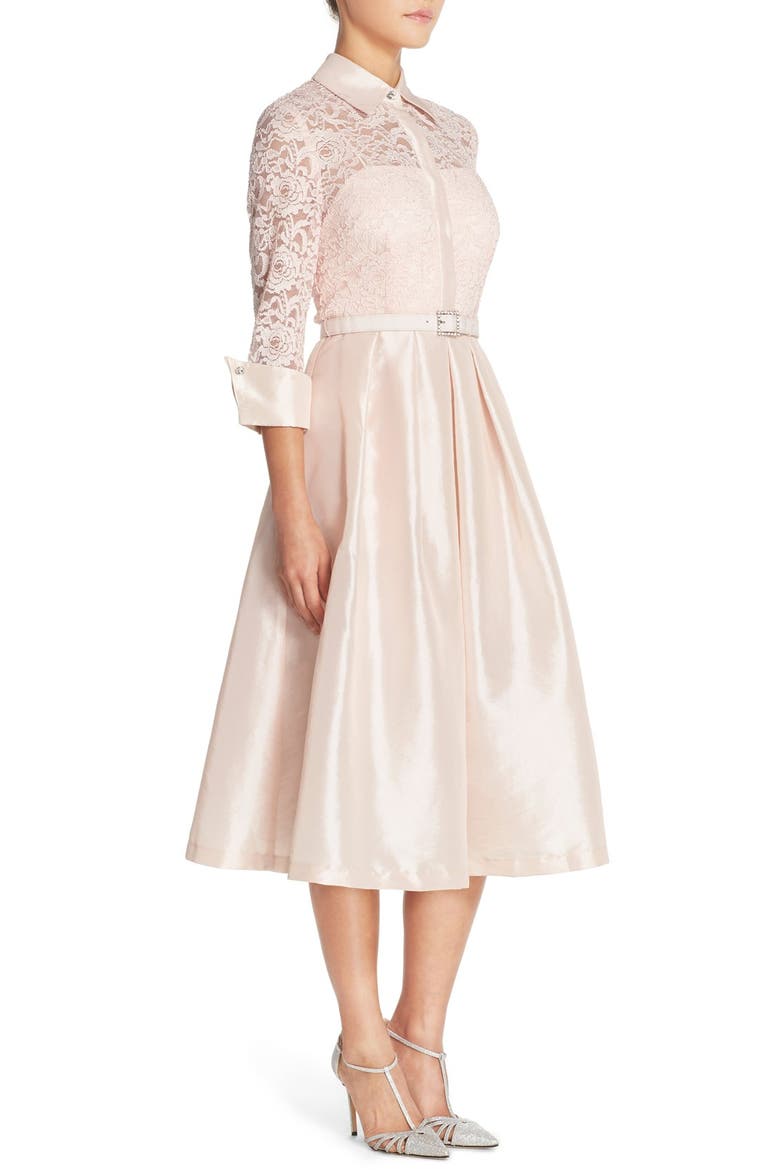 Belted Lace & Taffeta Point Collar Midi Dress, Alternate, color, BLUSH