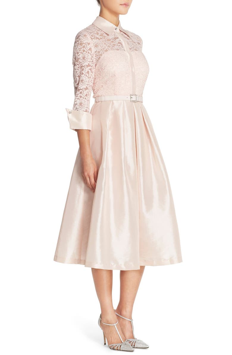 Eliza J Belted Lace & Taffeta Point Collar Midi Dress, Alternate, color,