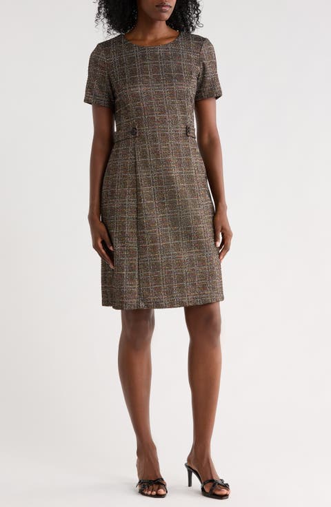 Plaid Short Sleeve Bouclé A-Line Dress