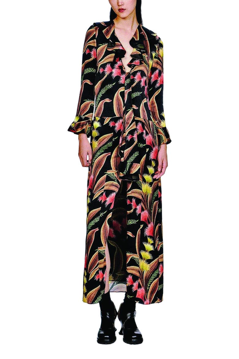 Feather Fern Ruffle Tie Dress, Main, color, Black Multi