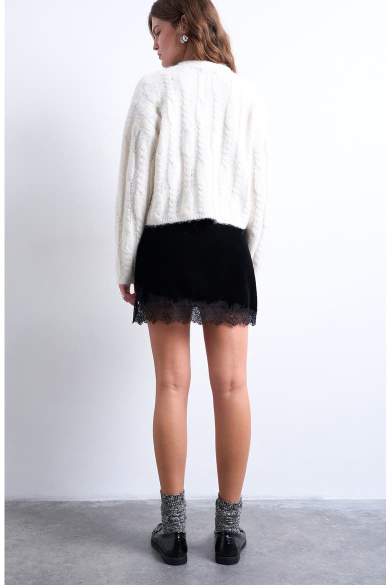 Velvet Lace Trim Miniskirt, Alternate, color, BLACK