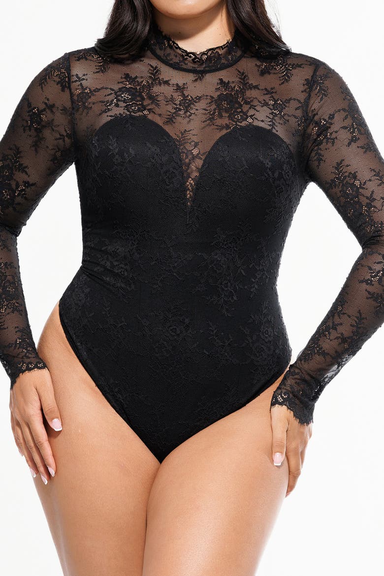 Shapewear Mock Neck Long Sleeve Floral Lace Bodysuit, Alternate, color, Midnight Black
