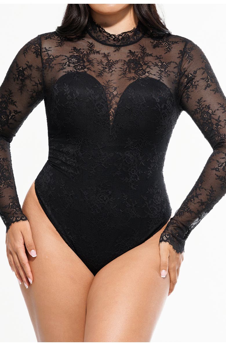 Popilush Shapewear Mock Neck Long Sleeve Floral Lace Bodysuit, Alternate, color, Midnight Black