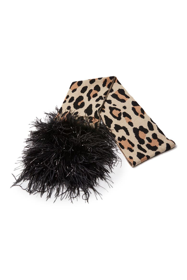 Leopard Print Cashmere Feather Trim Scarf, Main, color, CAMEL LEOPARD