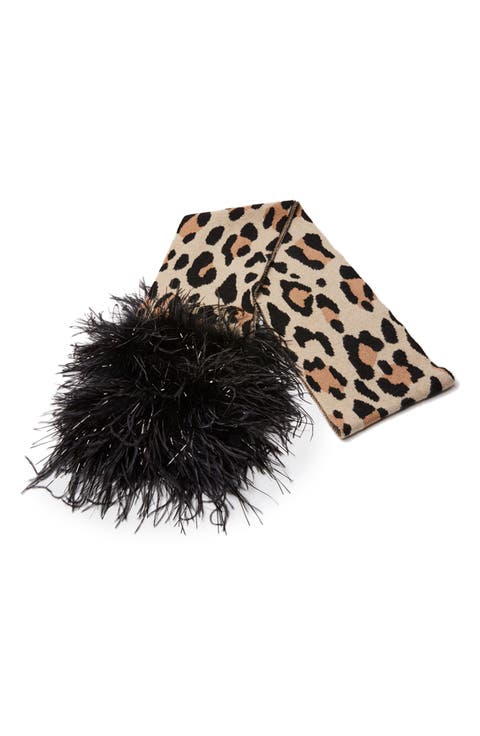 Leopard Print Cashmere Feather Trim Scarf