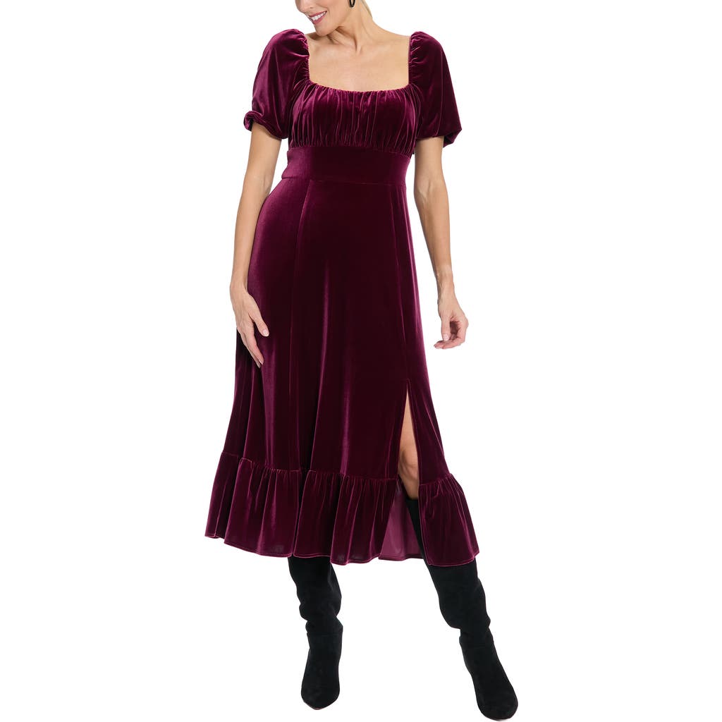 London Times Square Neck Velvet Midi Dress In Red