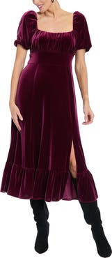 London Times Square Neck Velvet Midi Dress