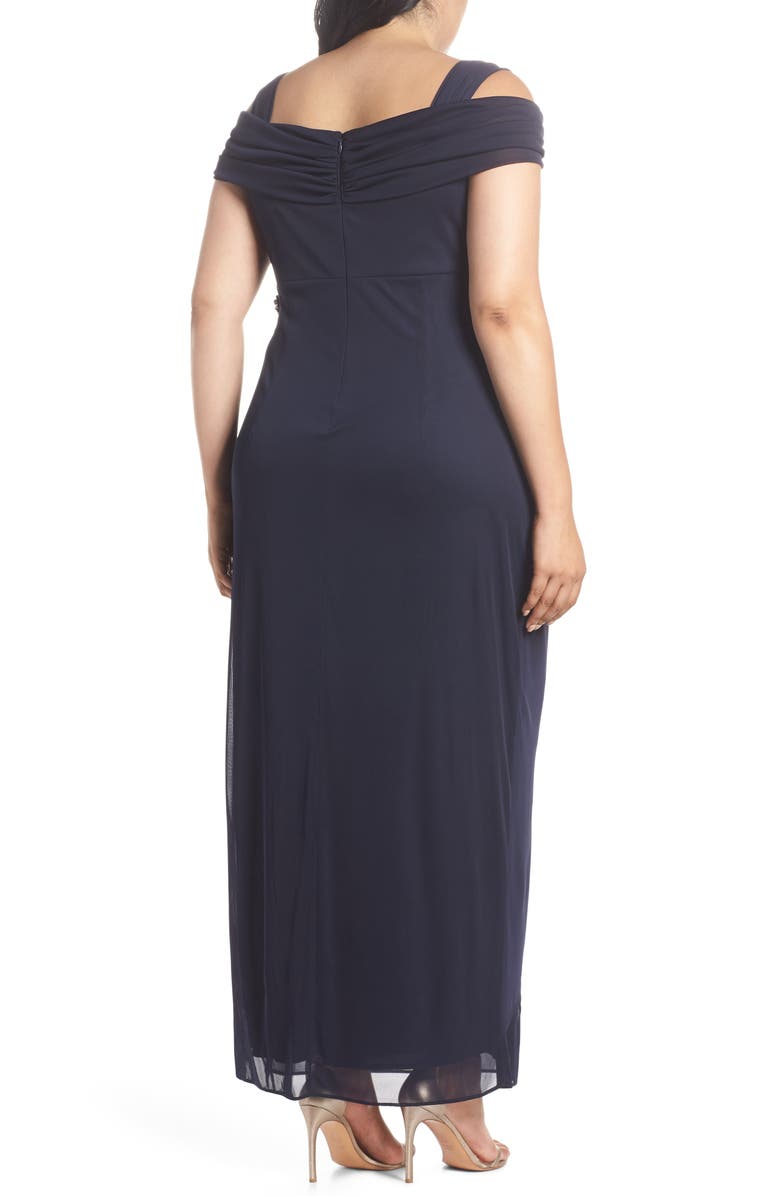 Alex Evenings Embellished Cold Shoulder Gown, Alternate, color, Navy