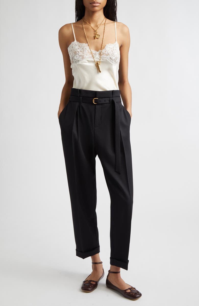 Chloé Belted Paperbag Waist Grain de Poudre Wool Pants, Alternate, color, Black