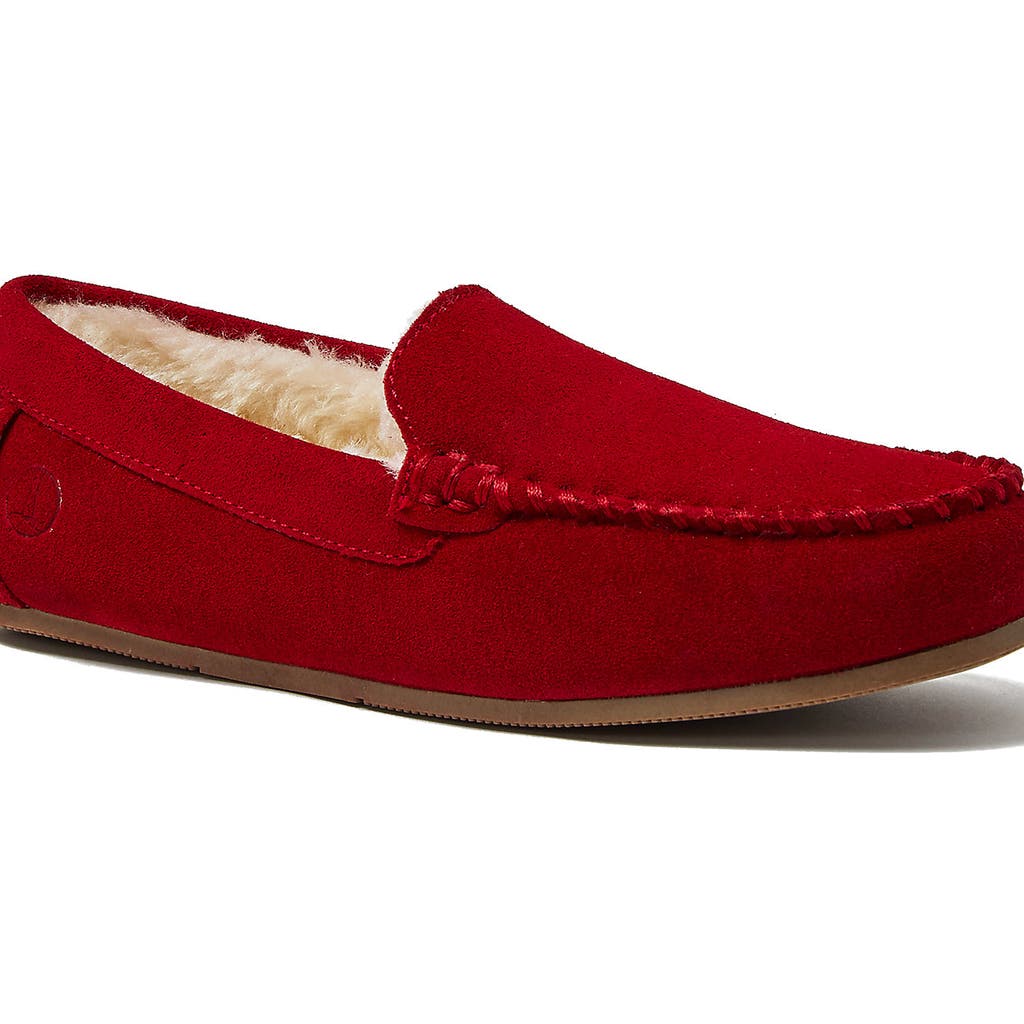 Lands' End Fuzzy Lined Suede Moccasin Slippers In Rich Red Suede