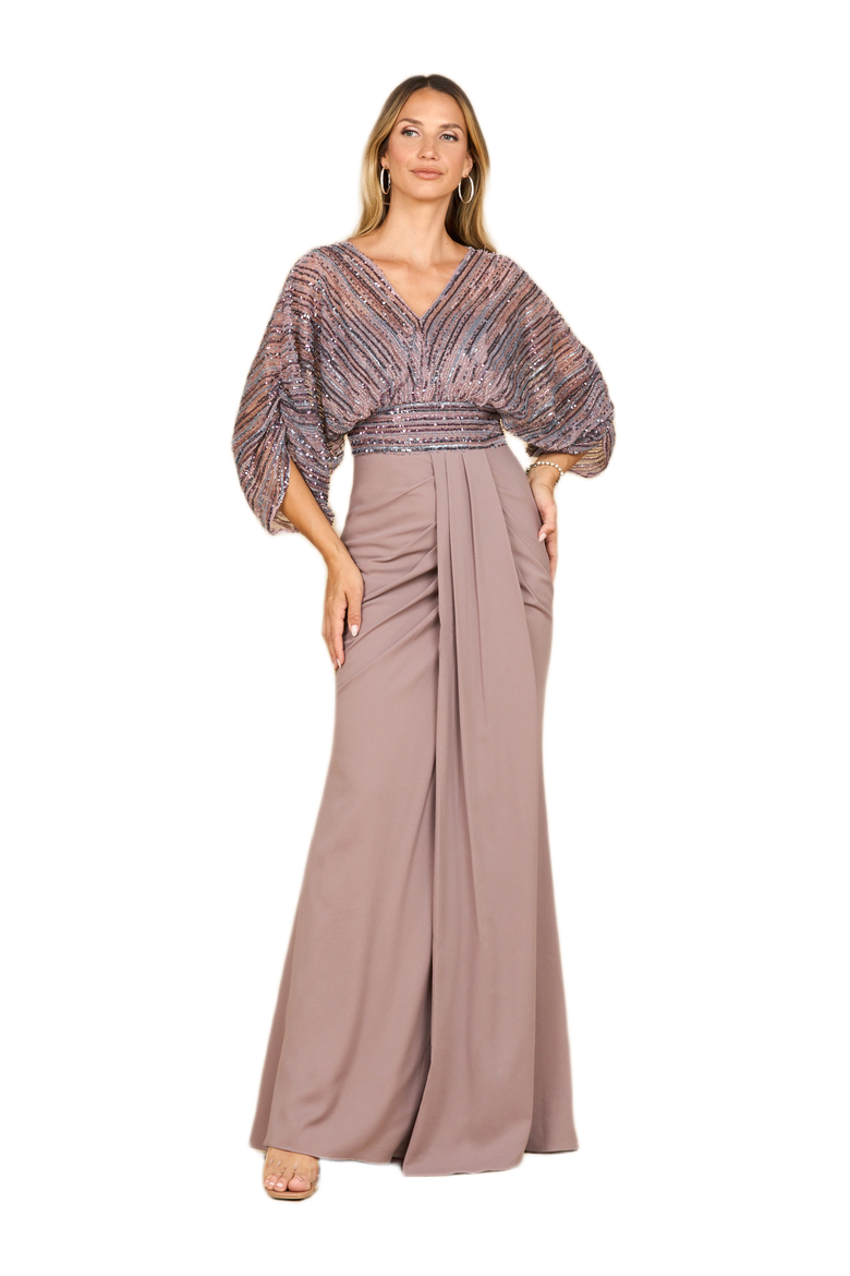 Draped Skirt Gown with Cape Sleeves, Alternate, color, Dusty Purple