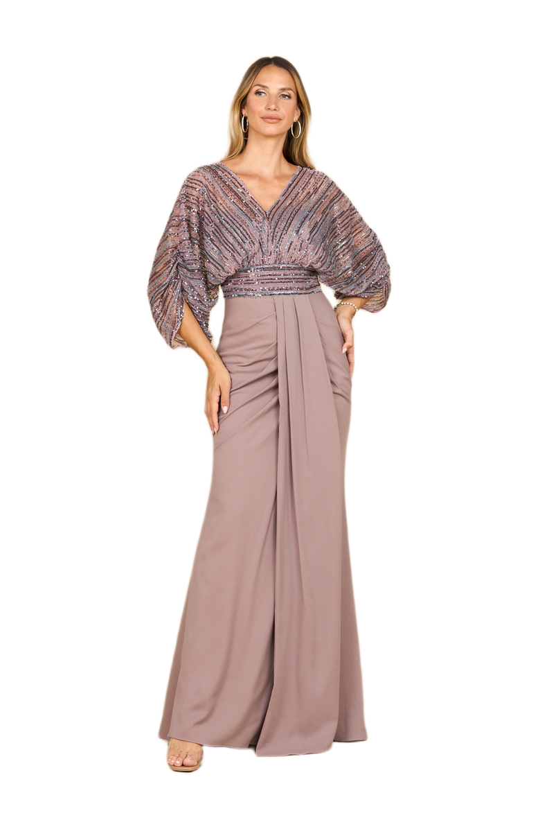 LARA New York Draped Skirt Gown with Cape Sleeves, Alternate, color, Dusty Purple