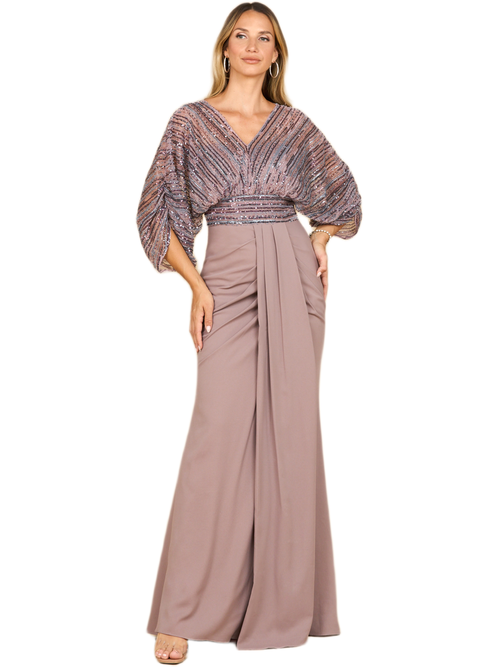 Lara New York Draped Skirt Gown With Cape Sleeves In Purple