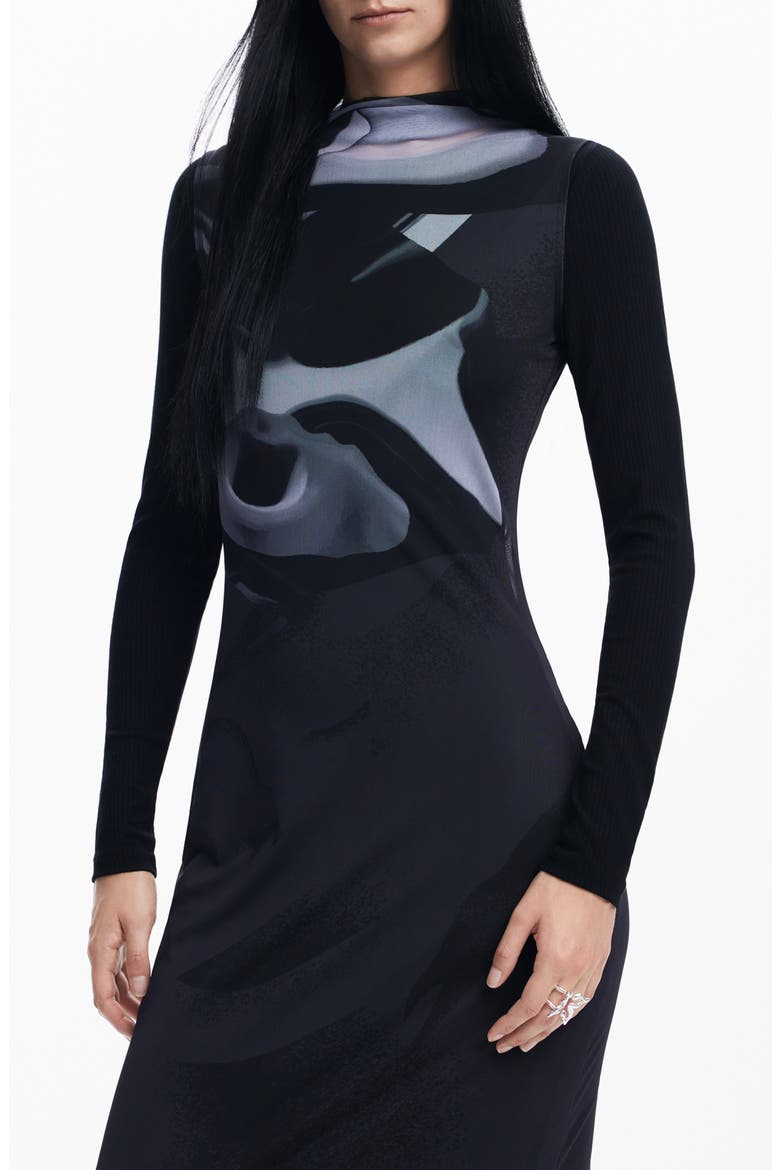 Lincoln Abstract Print Long Sleeve Mesh Dress, Alternate, color, BLACK