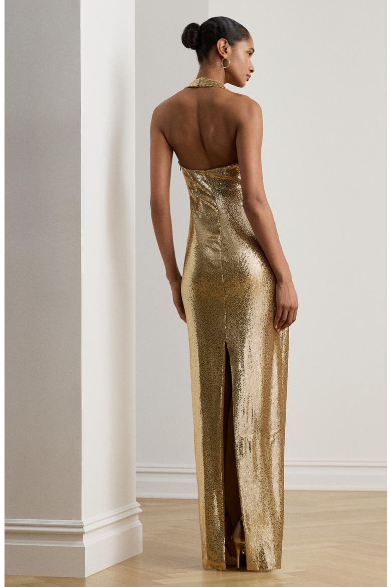 Luxe Sequin Tulle Halter Column Gown, Alternate, color, BEIGE