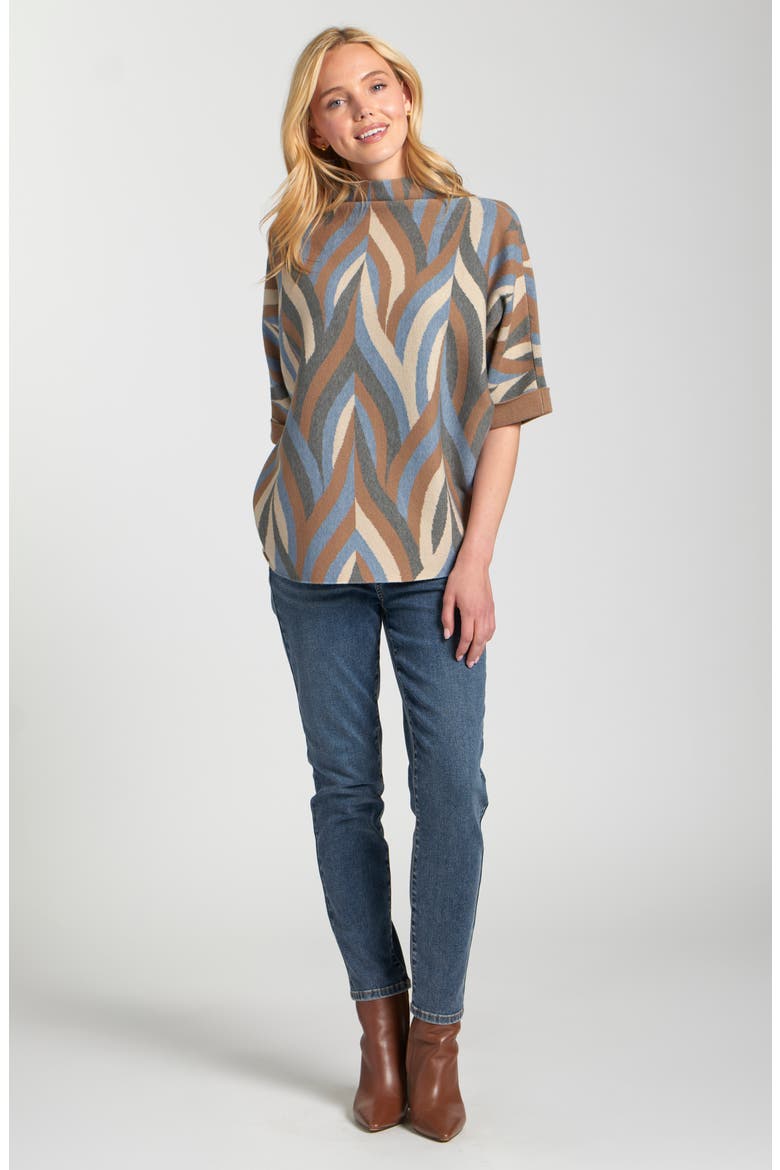 Interlacing Lines Cowl Neck Sweater, Alternate, color, BEIGE/ BLUE/ MOCHA