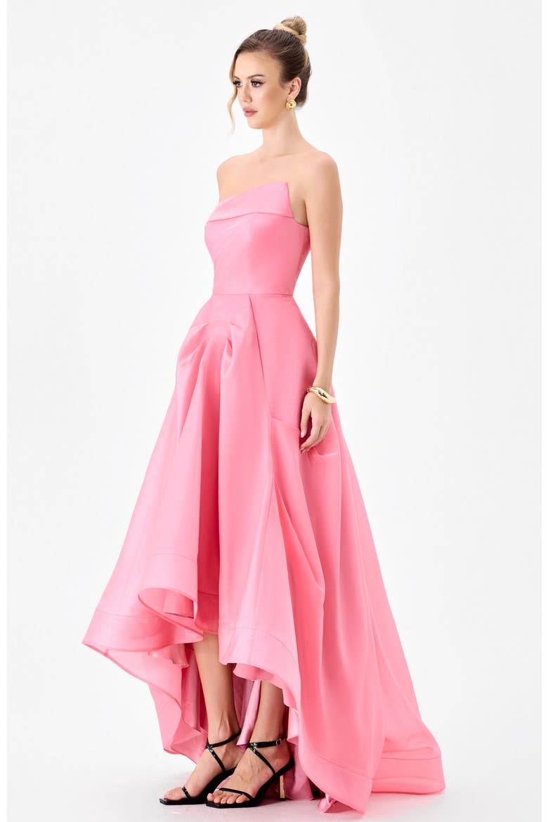 Jeila Strapless Hi Lo Gown, Alternate, color, PINK