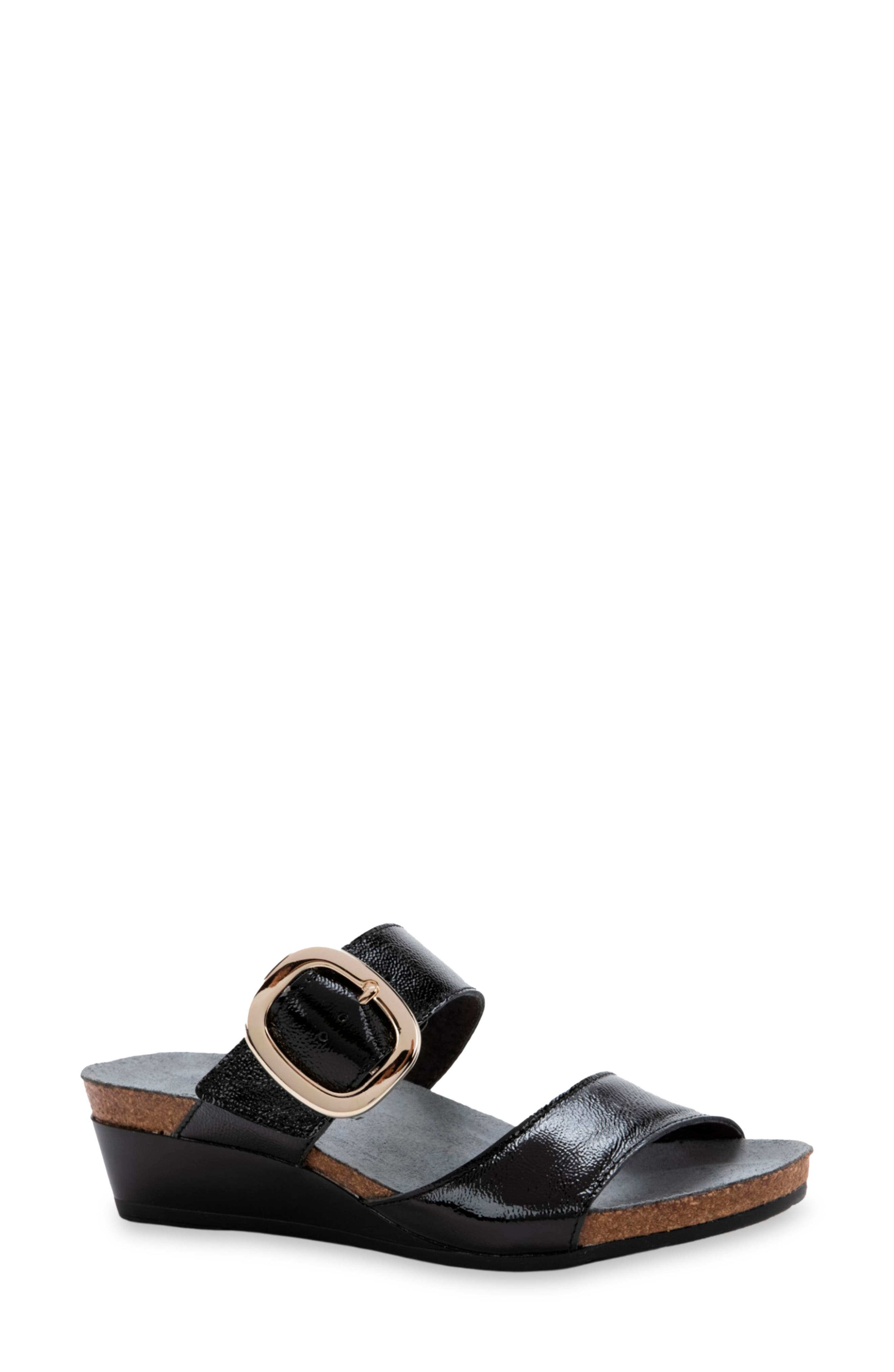 Naot Magic Wedge Sandal, Main, color, Black Crinkle Patent Leather