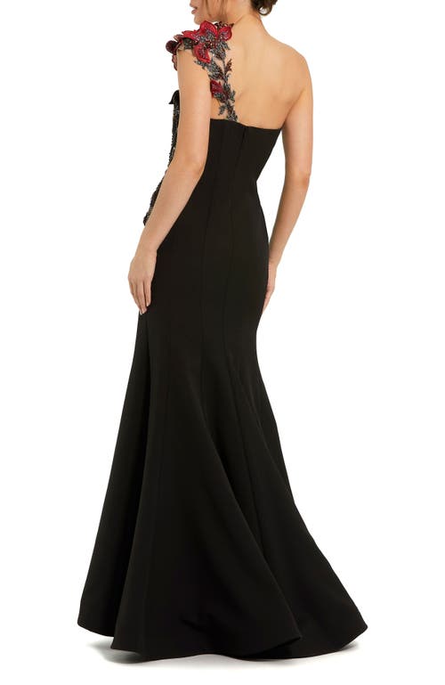Mac Duggal One Shoulder 3d Floral Embroidery Mermaid Gown In Black