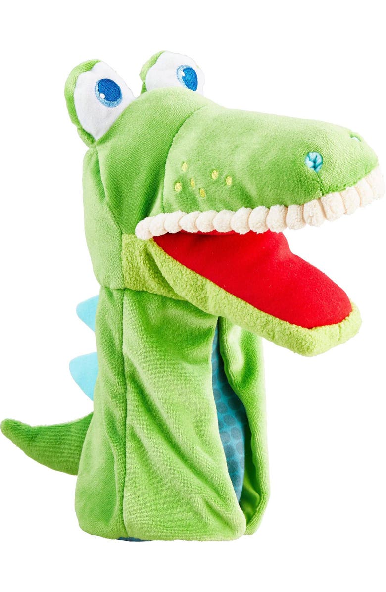 HABA Hand Puppet - Eat it Up Croco Interactive Puppet Show Toy with Belly Bag for Storytelling, Speech Therapy Toys and Pretend Play for 18 mo+, Alternate, color, Green Multi