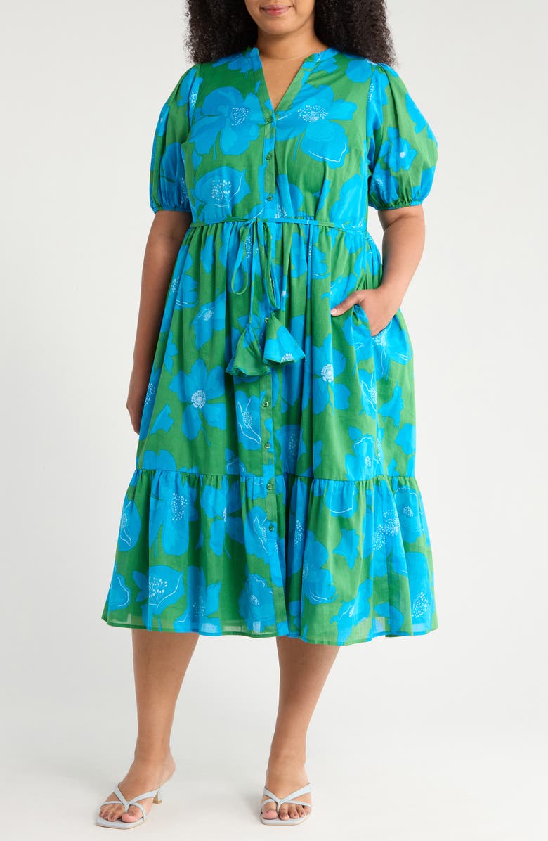 SUGARLIPS Rori Floral Beth Tiered Cotton Midi Dress, Main, color, Green/ Blue/ Multi