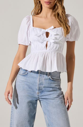 Astr The Label Smocked Peplum Shirt In White