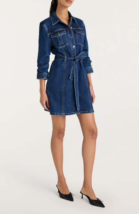 Clea Tie Belt Long Sleeve Denim Minidress (Oceane)