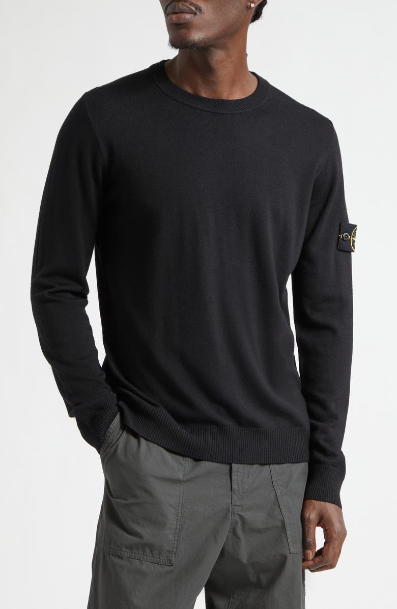 Stone Island Compass Patch Virgin Wool Crewneck Sweater, Main, color, Black