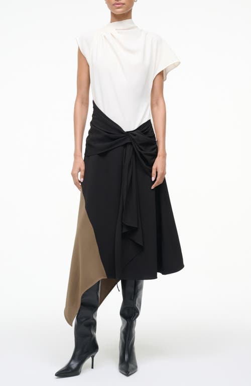 Staud Davina Colorblock Draped Crepe Midi Dress In Black