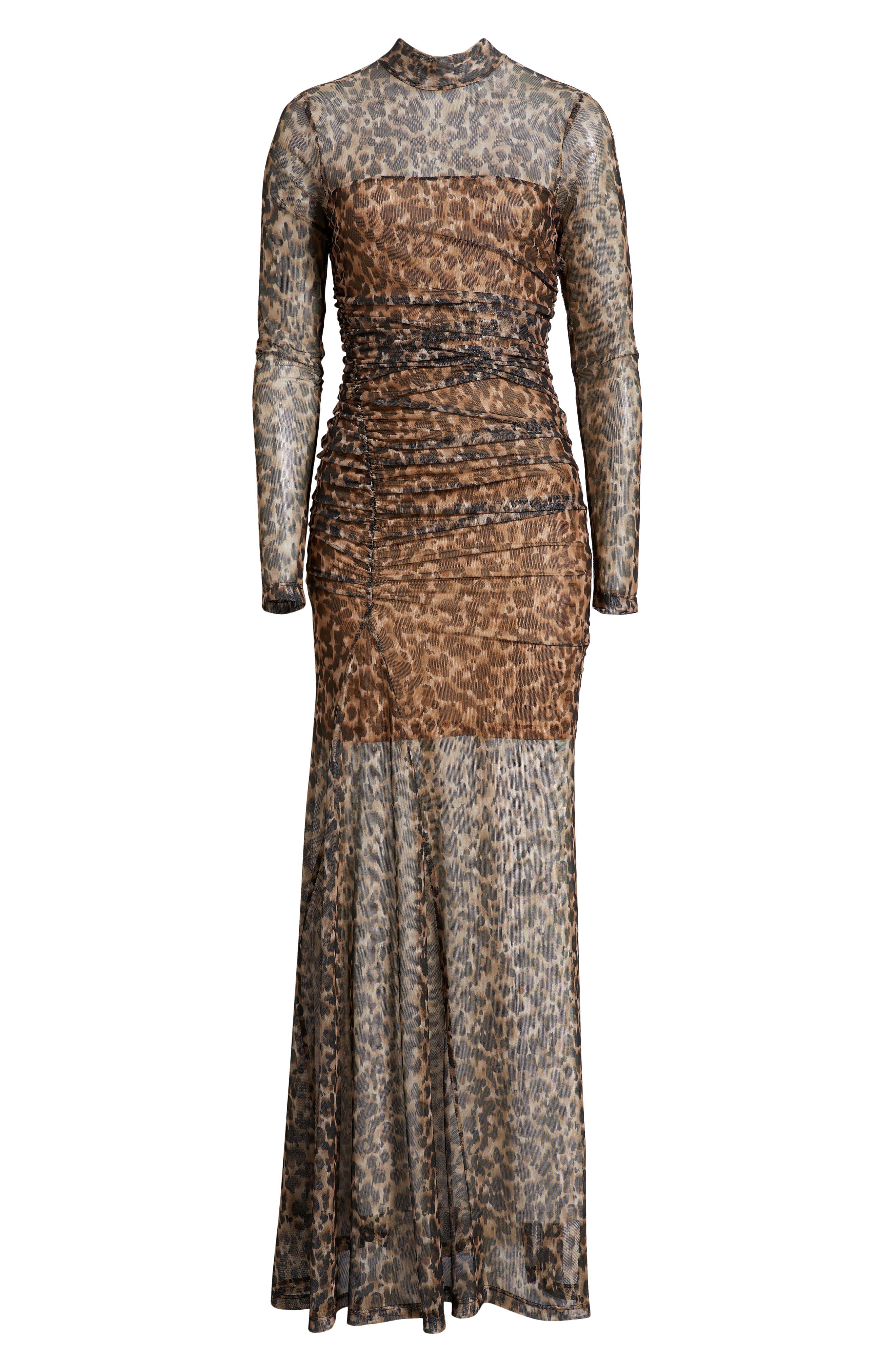 Black Halo Scarlett Long Sleeve Sheer Mesh Gown In Animal Print