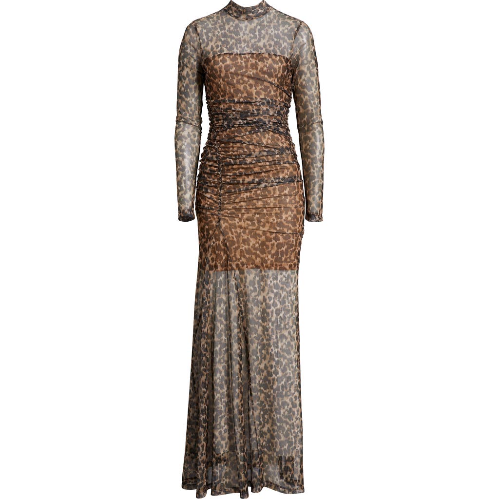 Black Halo Scarlett Long Sleeve Sheer Mesh Gown In Animal Print
