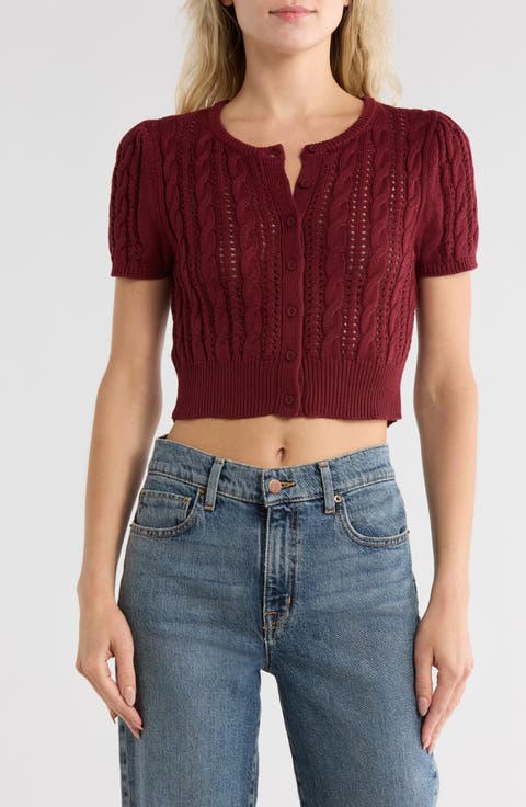 Crop Pointelle Short Sleeve Cardigan