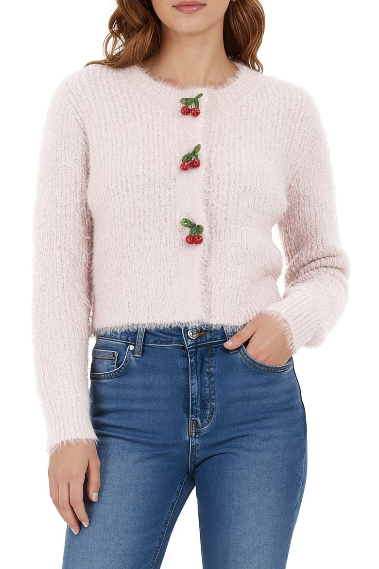 Cherry Appliqué Fuzzy Crop Cardigan, Main, color, PINK