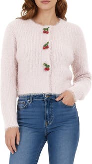 All in Favor Cherry Appliqué Fuzzy Crop Cardigan
