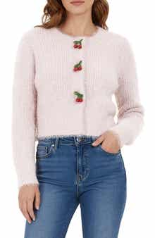 All in Favor Cherry Appliqué Fuzzy Crop Cardigan